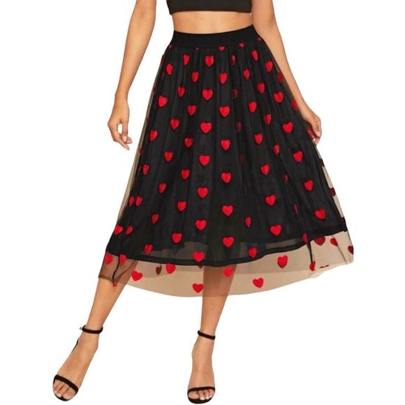 SHEIN Dresses & Skirts - Heart Embroidery Mesh Overlay Flare MIDI Skirt M